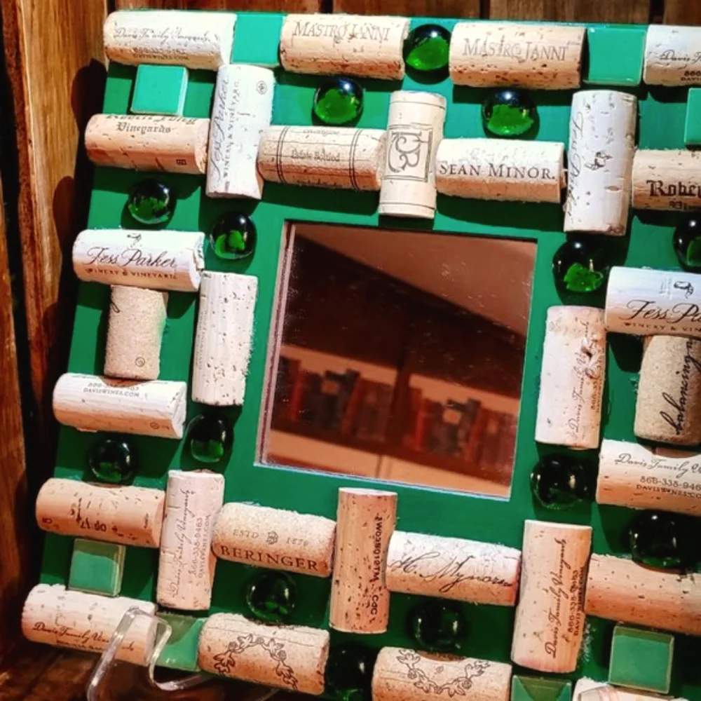 Green Round Cabochons Glass Mirror Decor with Wine Cork-NWT-Handmade